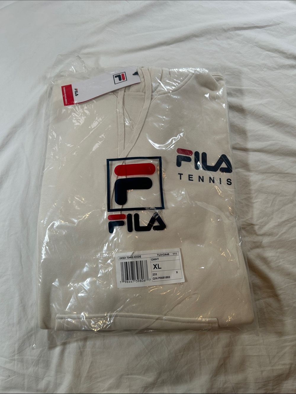FILA Cream Tennis V-Neck Hoodie with Red & Navy Logo